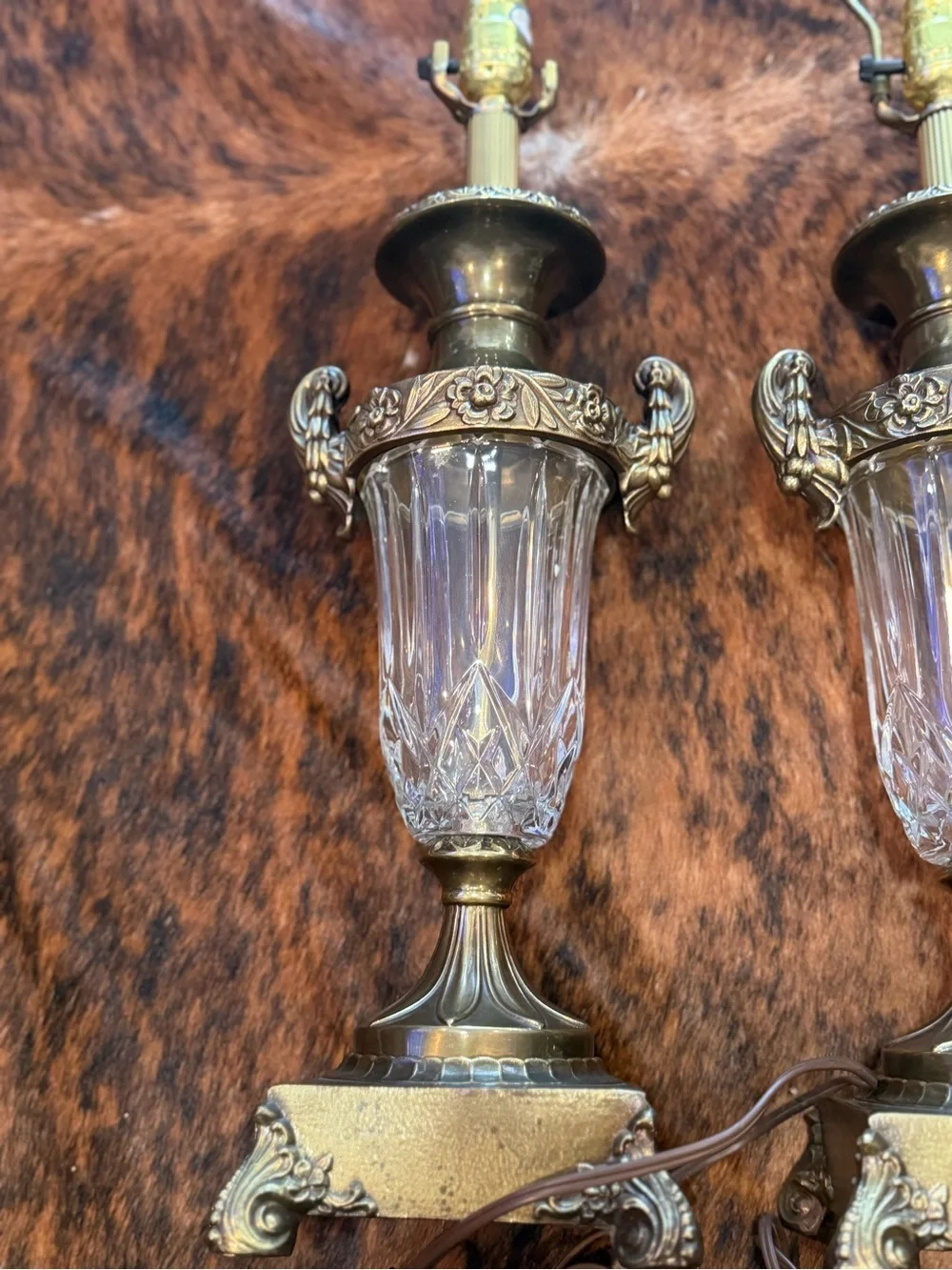 Vintage 1960’s Stiffel Hollywood Regency Brass & Crystal Urn Table Lamps F159